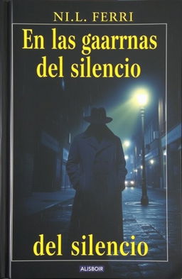 A moody and atmospheric book cover featuring a shadowy detective standing under a flickering streetlight at night