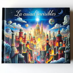 A captivating book cover depicting a breathtaking city between dimensions, filled with surreal and fantastical architecture that blends elements from various realities