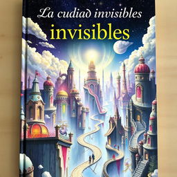 A captivating book cover depicting a breathtaking city between dimensions, filled with surreal and fantastical architecture that blends elements from various realities