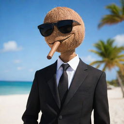 A teenage coconut character sporting a stylish black suit and dark sunglasses, nonchalantly holding a classy cigar, set against a laid-back beach background.