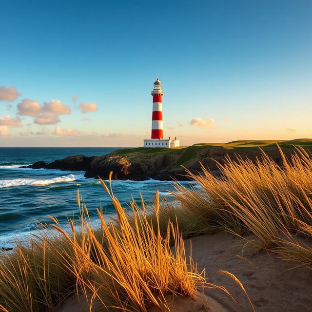 A stunning view of the Trafalgar Lighthouse, standing tall on a rugged coastline with waves crashing against the rocks