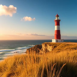 A stunning view of the Trafalgar Lighthouse, standing tall on a rugged coastline with waves crashing against the rocks