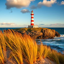 A stunning view of the Trafalgar Lighthouse, standing tall on a rugged coastline with waves crashing against the rocks