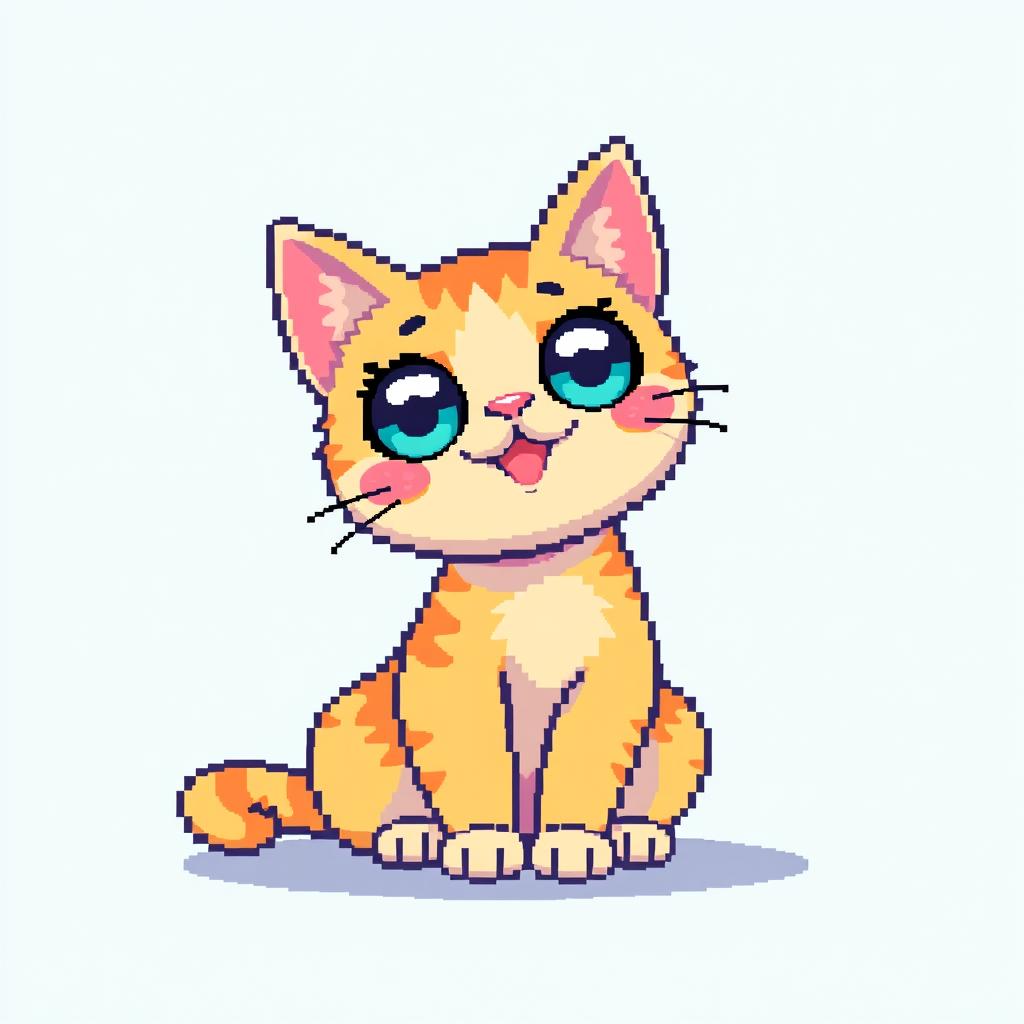 A pixel art representation of a cute cat, featuring vibrant colors and a playful expression