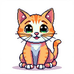 A pixel art representation of a cute cat, featuring vibrant colors and a playful expression