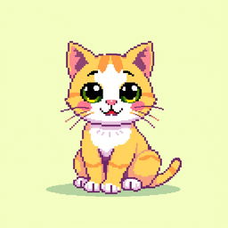 A pixel art representation of a cute cat, featuring vibrant colors and a playful expression