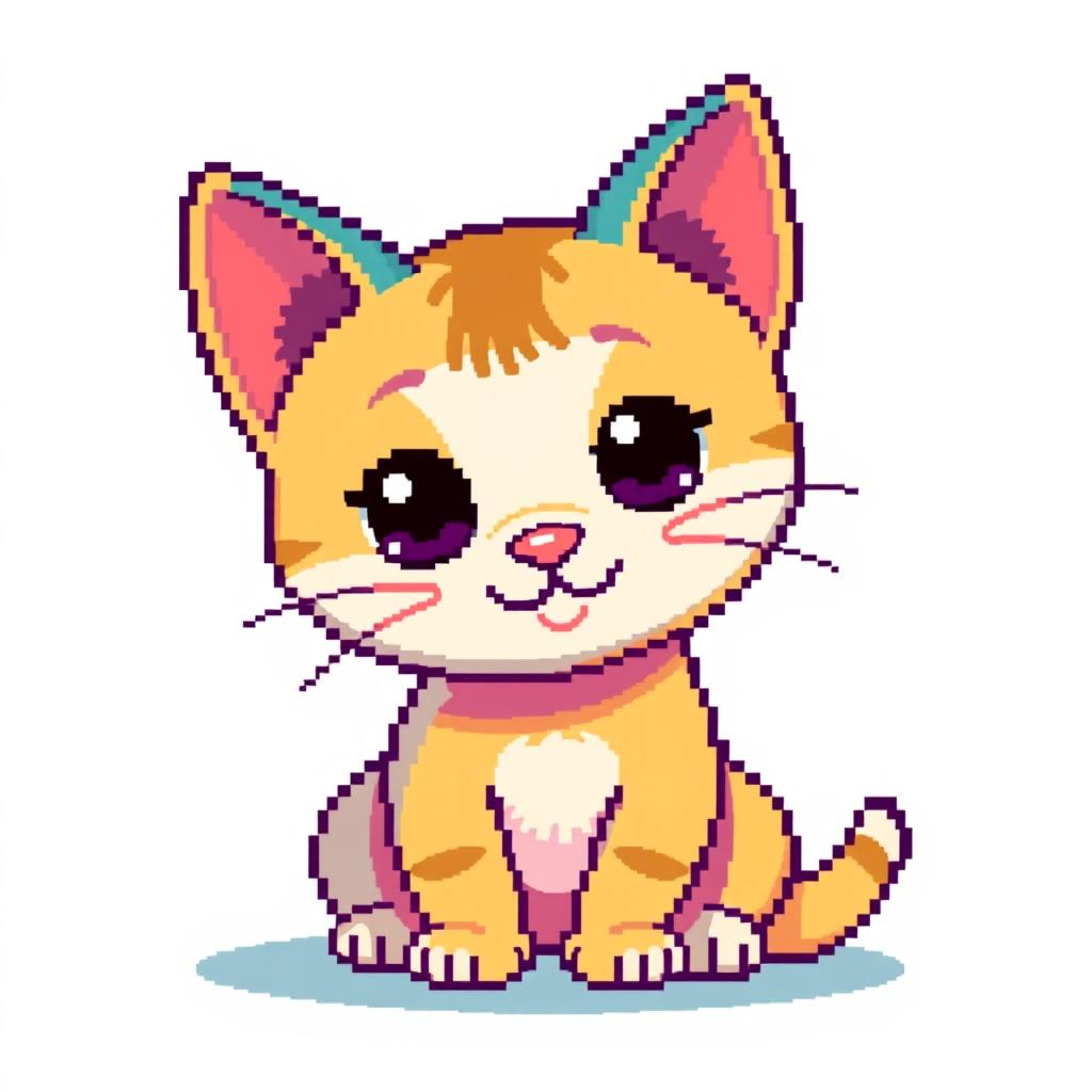 A pixel art representation of a cute cat, featuring vibrant colors and a playful expression