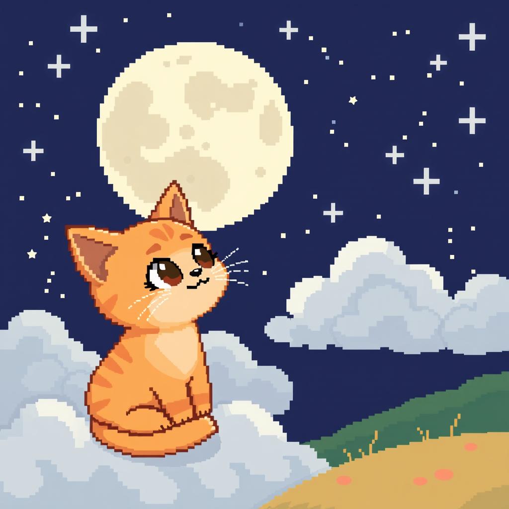 A pixel art style illustration of a cute cat gazing at the moon, set against a starry night sky