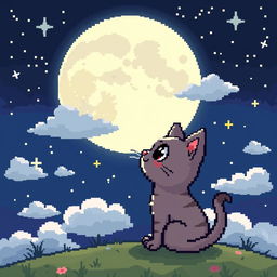 A pixel art style illustration of a cute cat gazing at the moon, set against a starry night sky