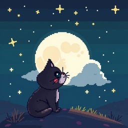 A pixel art style illustration of a cute cat gazing at the moon, set against a starry night sky