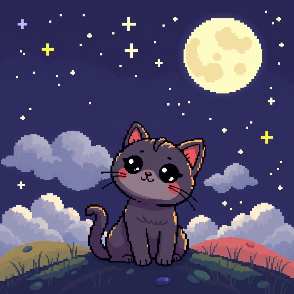 A pixel art style illustration of a cute cat gazing at the moon, set against a starry night sky