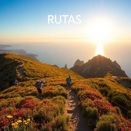 A picturesque hiking trail in Cádiz, showcasing the diverse landscape with sunlit hills, vibrant wildflowers, and panoramic views of the Mediterranean Sea