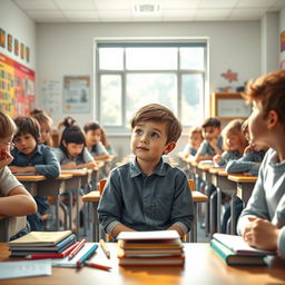 A scene depicting a boy sitting alone in the middle of a classroom, looking contemplative while listening to the sounds of his lively classmates around him