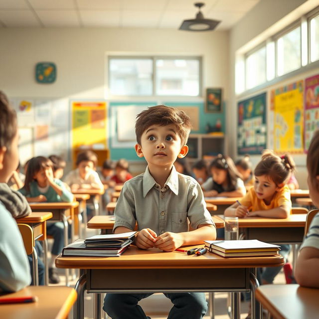 A scene depicting a boy sitting alone in the middle of a classroom, looking contemplative while listening to the sounds of his lively classmates around him