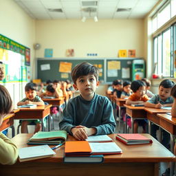 A scene depicting a boy sitting alone in the middle of a classroom, looking contemplative while listening to the sounds of his lively classmates around him