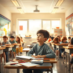 A scene depicting a boy sitting alone in the middle of a classroom, looking contemplative while listening to the sounds of his lively classmates around him