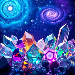 A stunning 3D rendering of colorful crystals of various shapes and sizes, showcasing their intricate facets and reflections