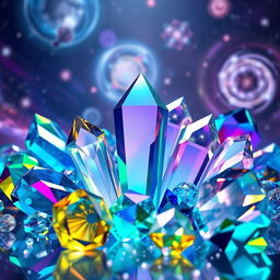 A stunning 3D rendering of colorful crystals of various shapes and sizes, showcasing their intricate facets and reflections