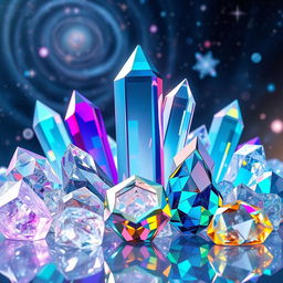 A stunning 3D rendering of colorful crystals of various shapes and sizes, showcasing their intricate facets and reflections