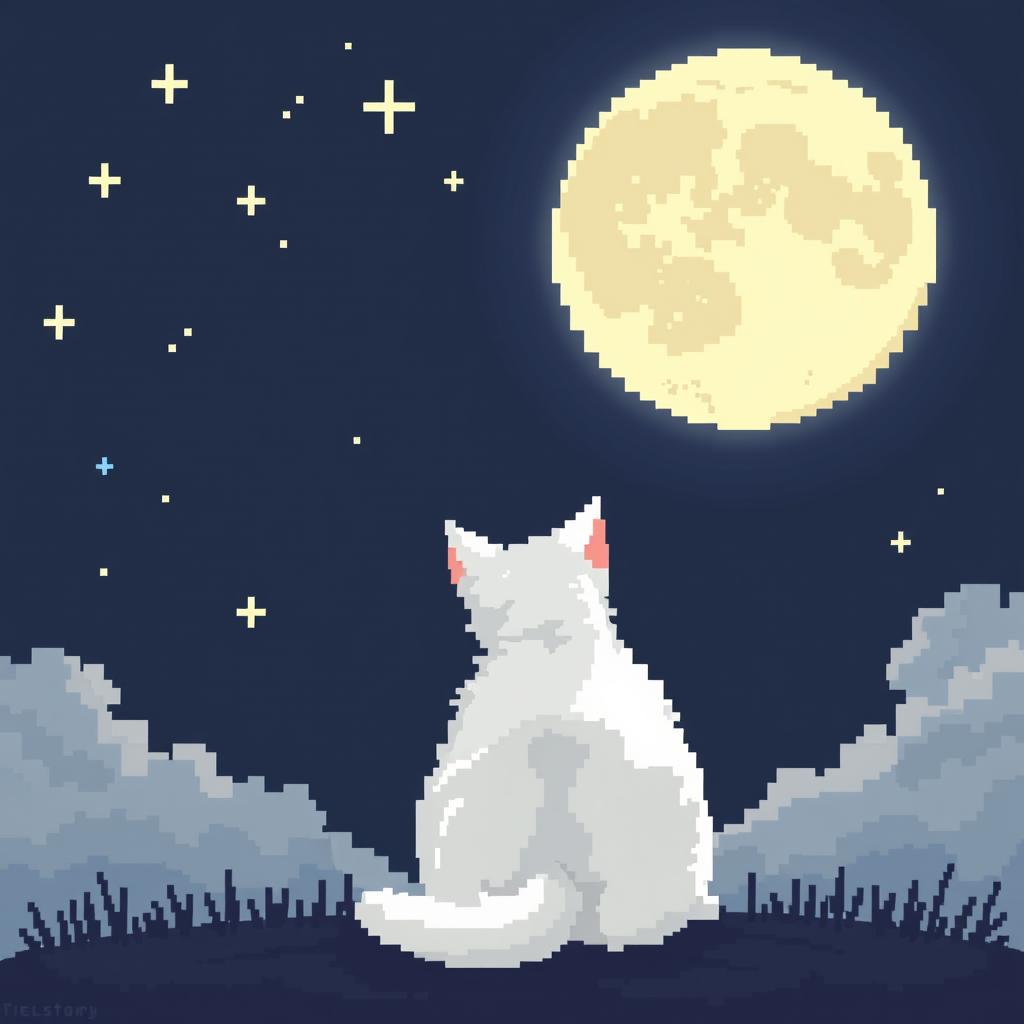 A pixel art style illustration of a white cat seen from behind, sitting and gazing at the moon