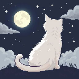 A pixel art style illustration of a white cat seen from behind, sitting and gazing at the moon