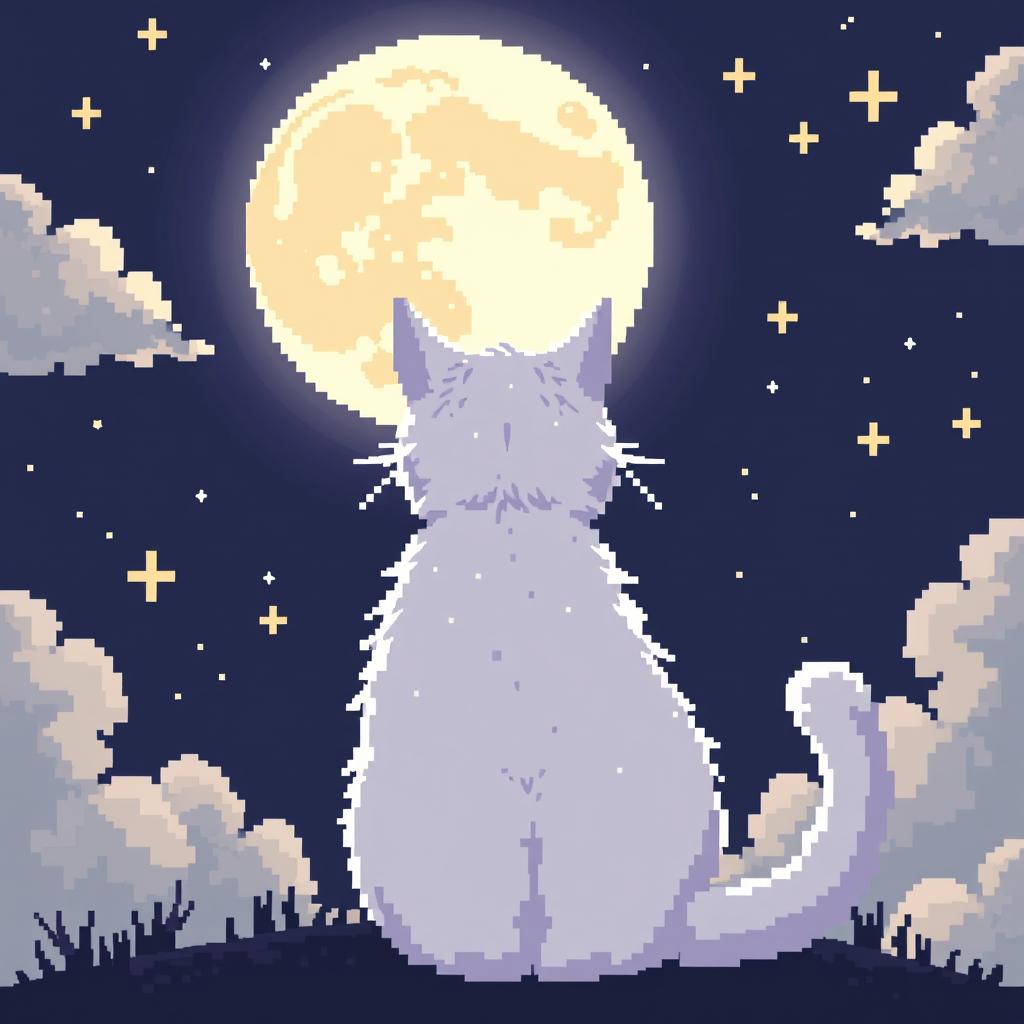 A pixel art style illustration of a white cat seen from behind, sitting and gazing at the moon