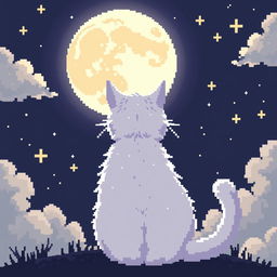 A pixel art style illustration of a white cat seen from behind, sitting and gazing at the moon