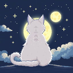 A pixel art style illustration of a white cat seen from behind, sitting and gazing at the moon