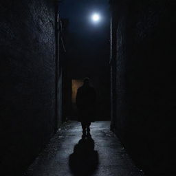 A darkened alleyway under a moonlit sky, where a shadowy figure stands at the end, shrouded in mystery.