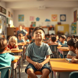 A scene showing a boy sitting alone in the middle of a lively classroom, with his eyes closed, appearing peaceful and contemplative while listening to the sounds of his classmates around him