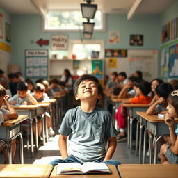 A scene showing a boy sitting alone in the middle of a lively classroom, with his eyes closed, appearing peaceful and contemplative while listening to the sounds of his classmates around him