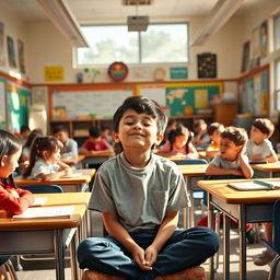 A scene showing a boy sitting alone in the middle of a lively classroom, with his eyes closed, appearing peaceful and contemplative while listening to the sounds of his classmates around him