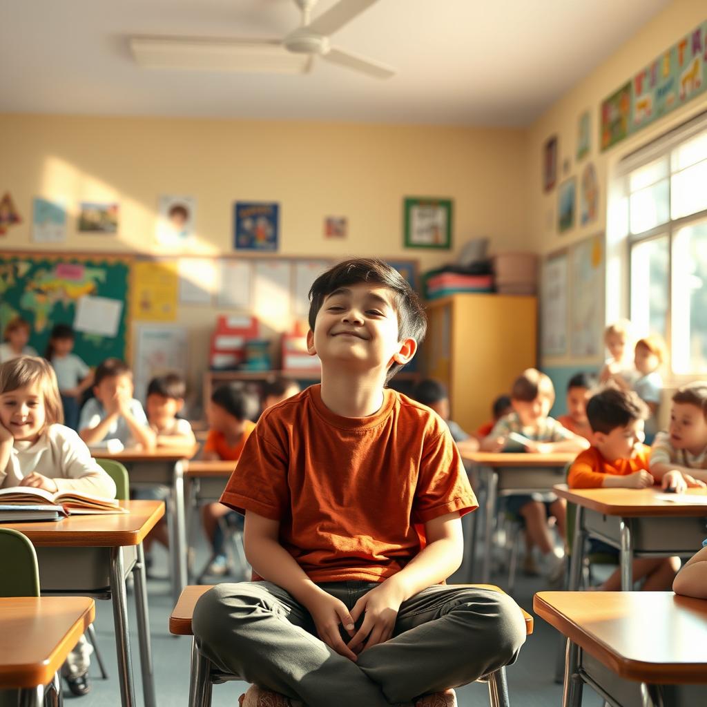 A scene showing a boy sitting alone in the middle of a lively classroom, with his eyes closed, appearing peaceful and contemplative while listening to the sounds of his classmates around him