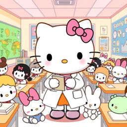 A delightful illustration of Hello Kitty wearing a white lab coat, standing in a classroom filled with her cute friends who are also dressed as students