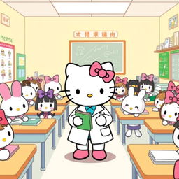 A delightful illustration of Hello Kitty wearing a white lab coat, standing in a classroom filled with her cute friends who are also dressed as students