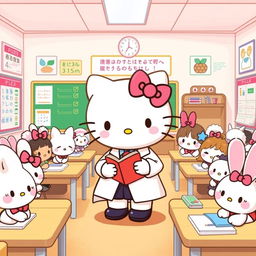 A delightful illustration of Hello Kitty wearing a white lab coat, standing in a classroom filled with her cute friends who are also dressed as students