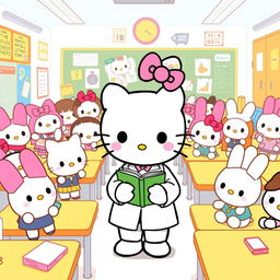 A delightful illustration of Hello Kitty wearing a white lab coat, standing in a classroom filled with her cute friends who are also dressed as students