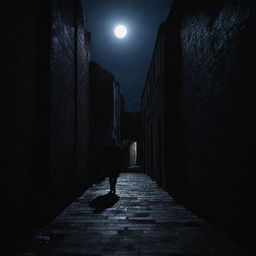 A darkened alleyway under a moonlit sky, where a shadowy figure stands at the end, shrouded in mystery.