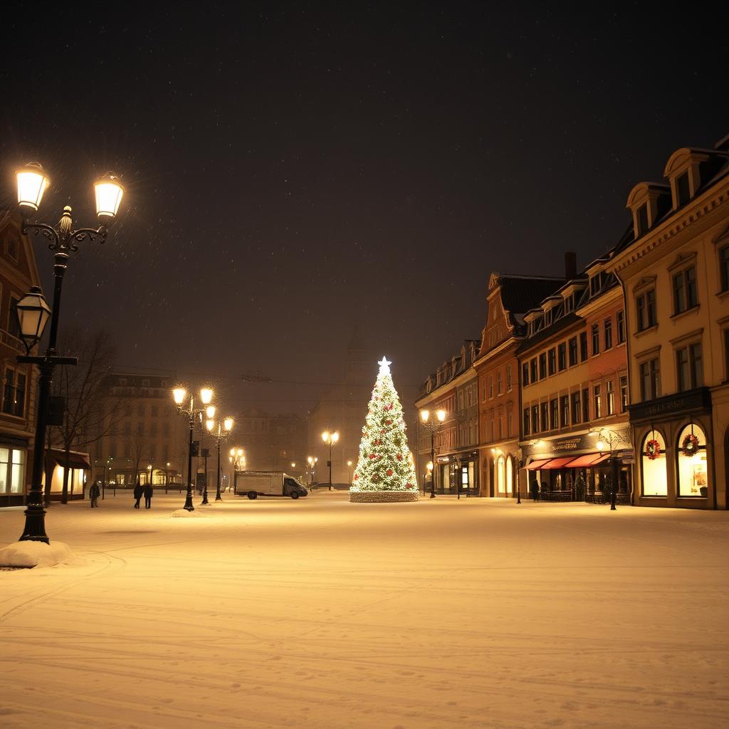 A serene, snowy cityscape on Christmas night, featuring softly glowing street lamps, an empty, illuminated square adorned with beautiful holiday decorations, snow gently falling from a dark starry sky, quaint buildings with warm light spilling from windows, and a peaceful ambiance that conveys solitude and tranquility during the festive season