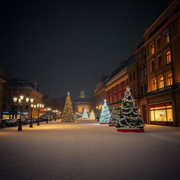 A serene, snowy cityscape on Christmas night, featuring softly glowing street lamps, an empty, illuminated square adorned with beautiful holiday decorations, snow gently falling from a dark starry sky, quaint buildings with warm light spilling from windows, and a peaceful ambiance that conveys solitude and tranquility during the festive season