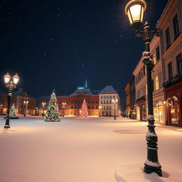 A serene, snowy cityscape on Christmas night, featuring softly glowing street lamps, an empty, illuminated square adorned with beautiful holiday decorations, snow gently falling from a dark starry sky, quaint buildings with warm light spilling from windows, and a peaceful ambiance that conveys solitude and tranquility during the festive season