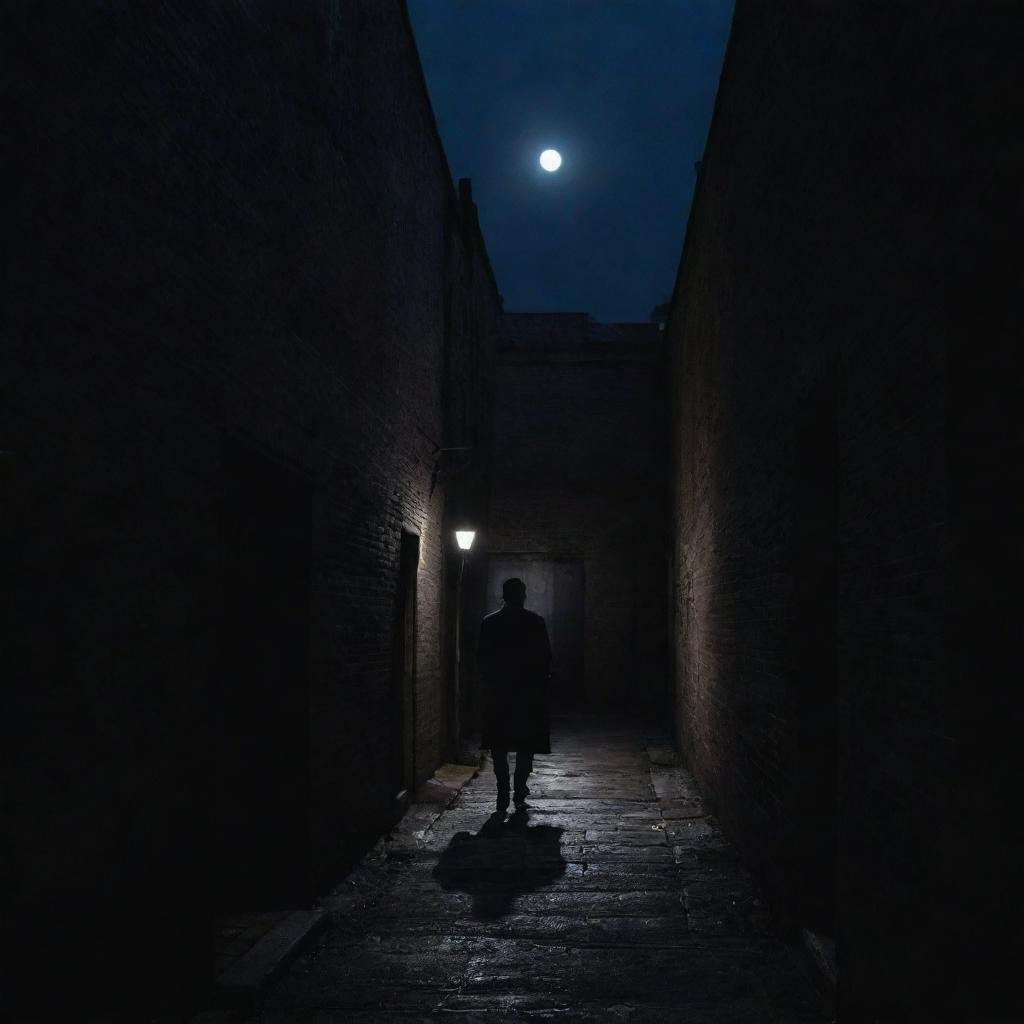 A darkened alleyway under a moonlit sky, where a shadowy figure stands at the end, shrouded in mystery.