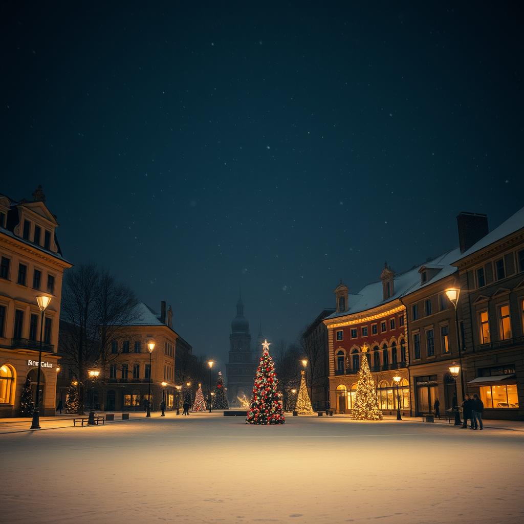 A serene, snowy cityscape on Christmas night, featuring softly glowing street lamps, an empty, illuminated square adorned with beautiful holiday decorations, snow gently falling from a dark starry sky, quaint buildings with warm light spilling from windows, and a peaceful ambiance that conveys solitude and tranquility during the festive season