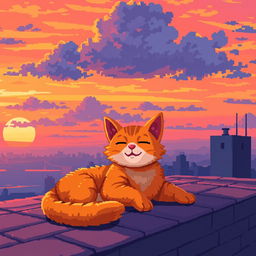 A relaxed orange cat lounging on a rooftop at sunset, rendered in vibrant pixel art style