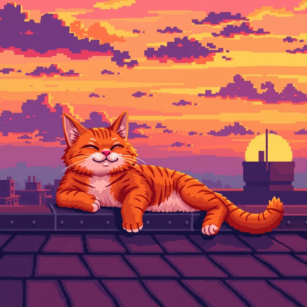 A relaxed orange cat lounging on a rooftop at sunset, rendered in vibrant pixel art style