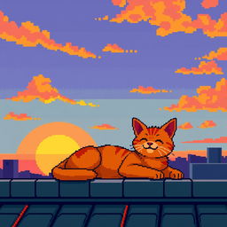 A relaxed orange cat lounging on a rooftop at sunset, rendered in vibrant pixel art style