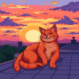 A relaxed orange cat lounging on a rooftop at sunset, rendered in vibrant pixel art style