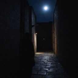 A darkened alleyway under a moonlit sky, where a shadowy figure stands at the end, shrouded in mystery.