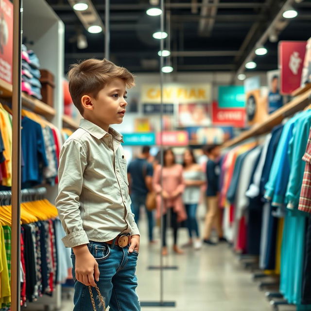 A young boy shopping for new clothes in a vibrant clothing store