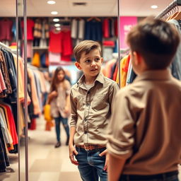 A young boy shopping for new clothes in a vibrant clothing store